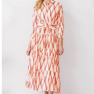 Guadalupe SZ LGE Red Cream Ikat Tiered‎ Maxi Shirtdress Long Sleeve Belted